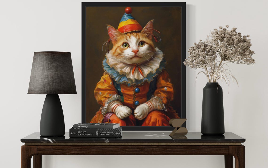 Ginger Cat Dressed As Clown With Party Hat And Ruffled Collar Poster - Image 3