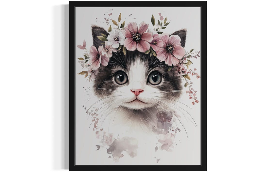 Kitten with Pink Flower Crown Watercolor Cute Cat Portrait Poster