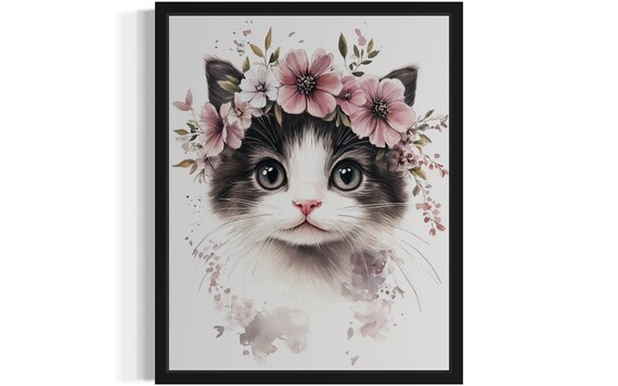 Kitten with Pink Flower Crown Watercolor Cute Cat Portrait Poster