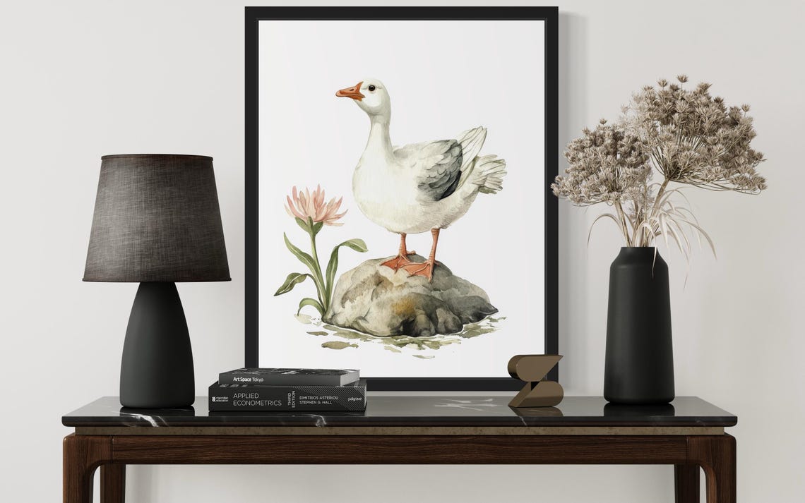 White Goose Standing on Stone with Pink Flower Watercolor Poster - Image 2