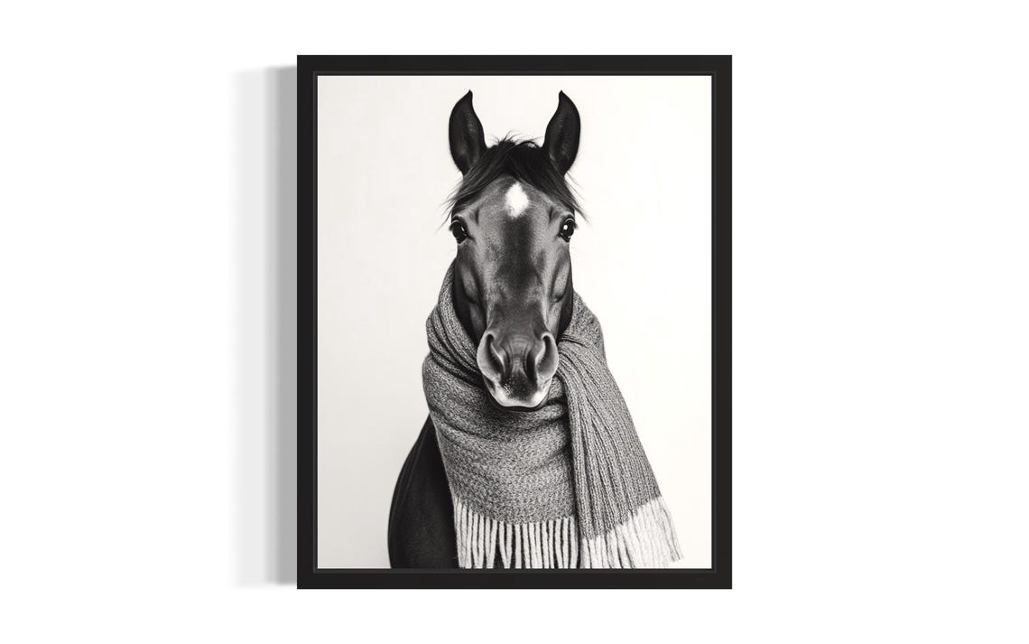 Horse Wearing Chunky Knit Scarf Cute Cozy Winter Portrait Poster