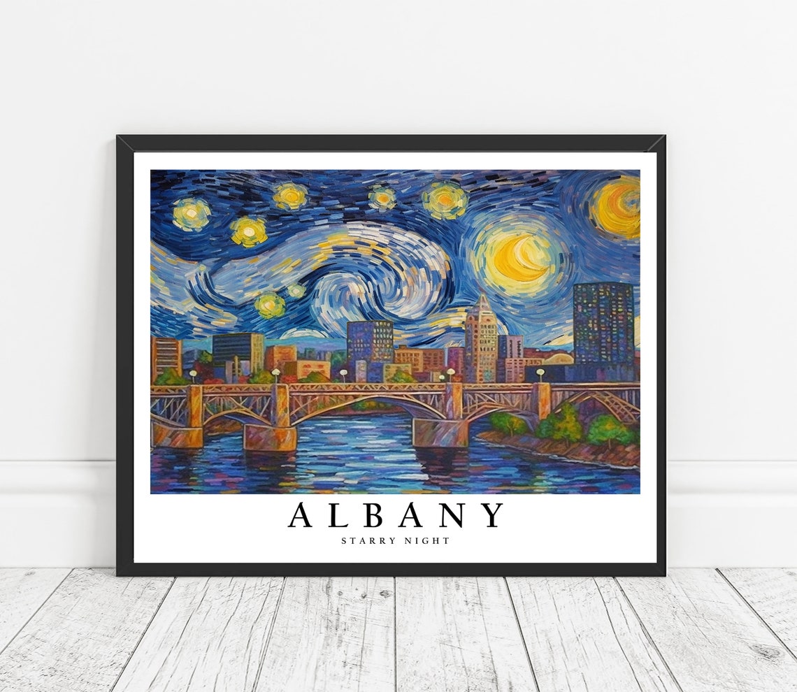 Albany Starry Night River Bridge Downtown Skyline Glow Poster