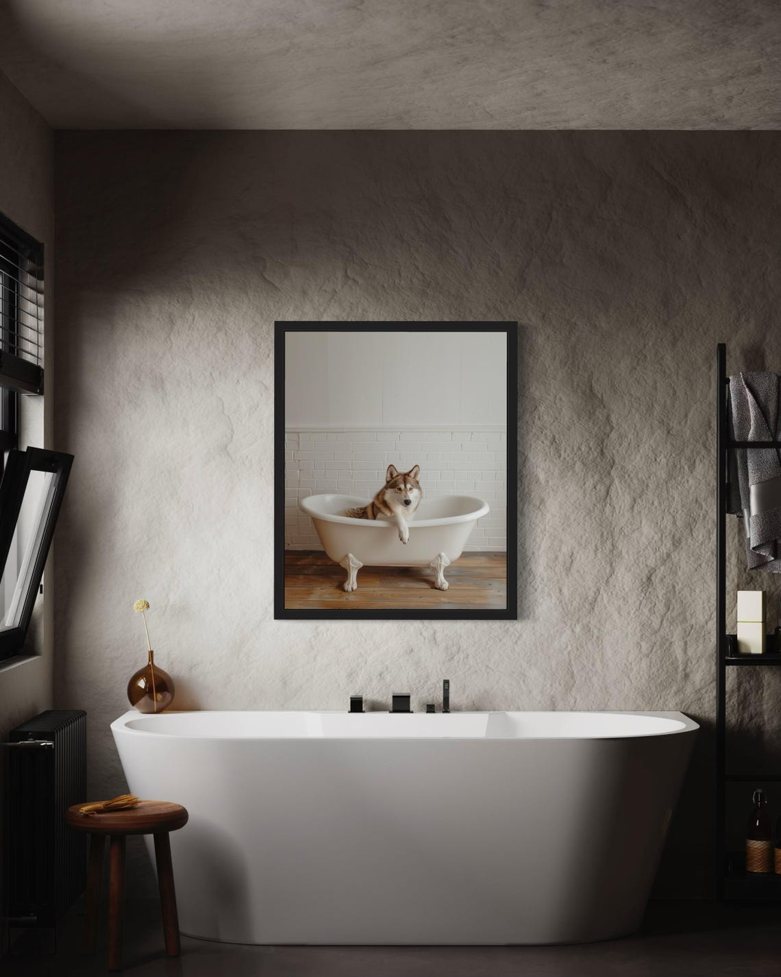 Husky Dog Resting in a White Clawfoot Tub Minimalist Photo Poster - Image 2