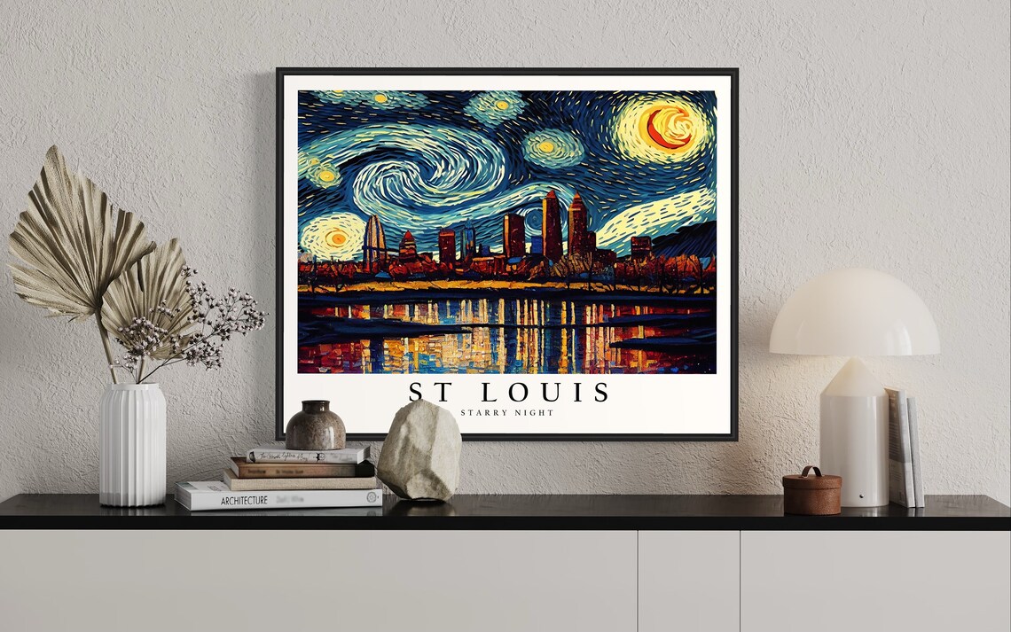 St Louis Missouri Starry Night Skyline River Reflection City Art Poster - Image 2