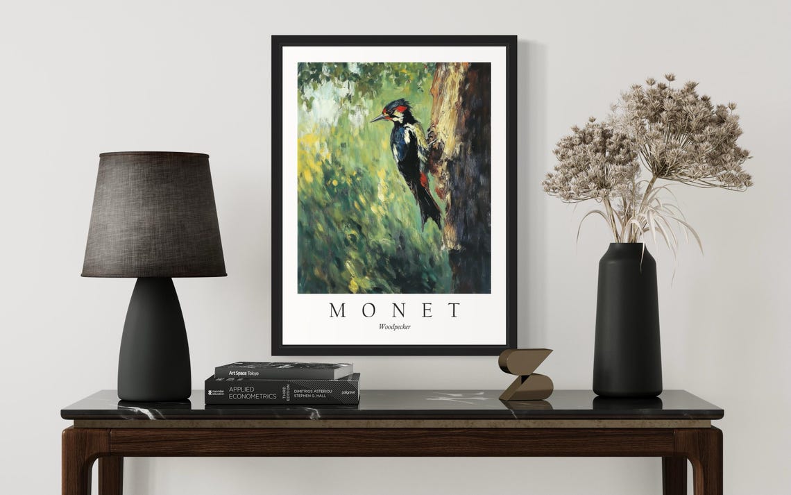 Woodpecker Clinging to a Sunlit Tree Trunk Monet Style Bird Poster - Image 3