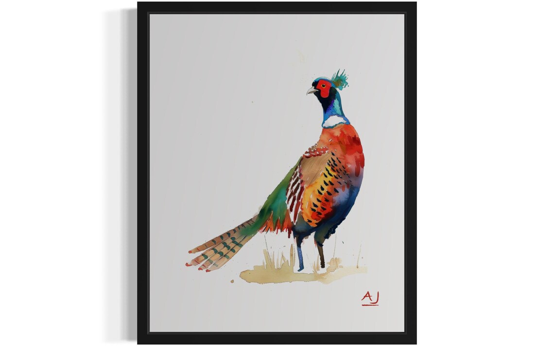 Ring-Necked Pheasant Standing Tall Colorful Watercolor Bird Art Poster