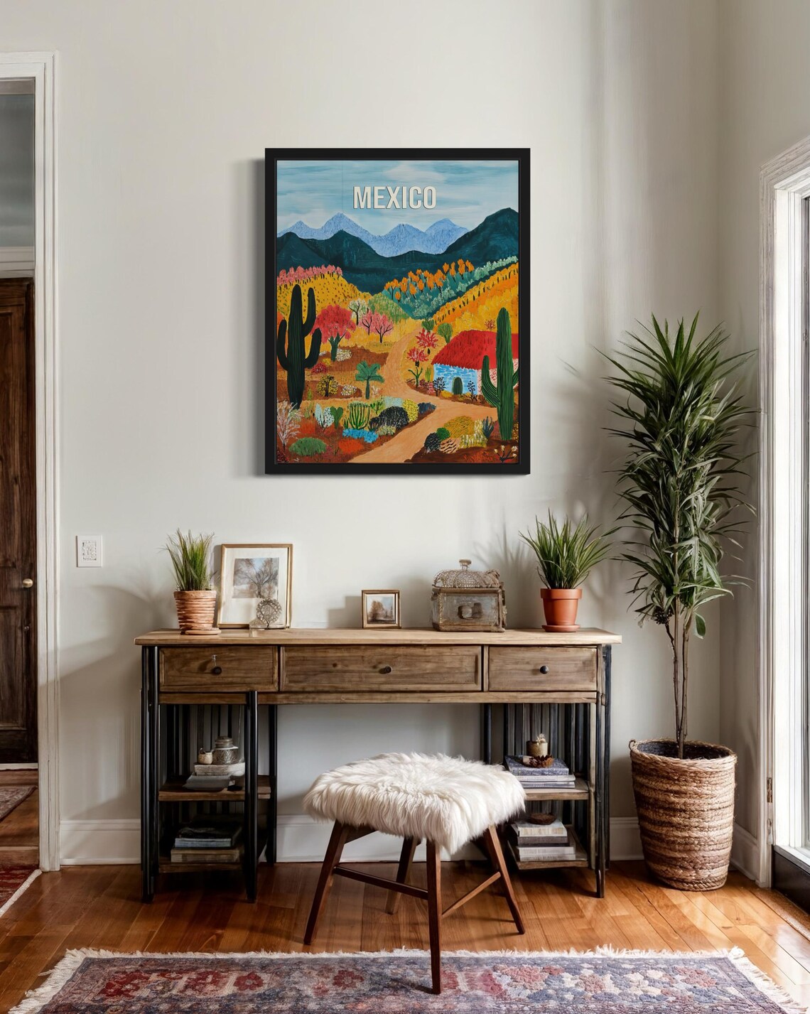 Mexico Desert Valley with Saguaro Cacti and Adobe House Travel Poster - Image 2