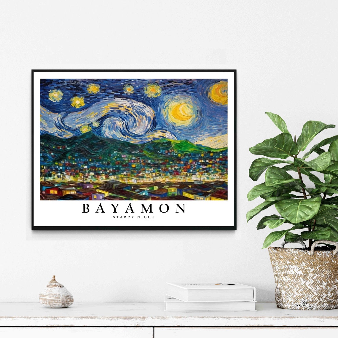 Bayamon Starry Night Hillside Town Colorful Lights View Poster - Image 2