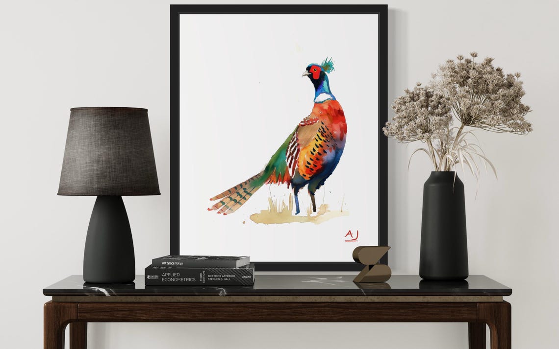 Ring-Necked Pheasant Standing Tall Colorful Watercolor Bird Art Poster - Image 2