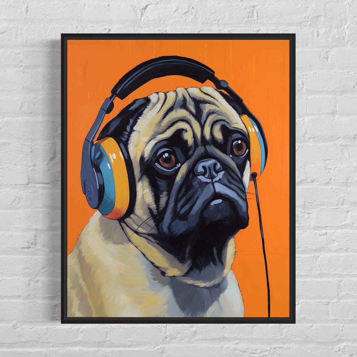 Pug Dog Wearing Headphones Bright Colorful Pop Art Portrait Poster
