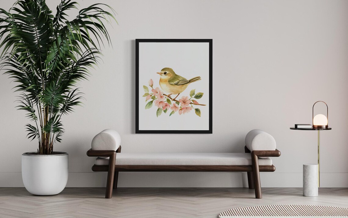 Tiny Goldcrest Songbird on Blossom Branch Watercolor Bird Poster - Image 3