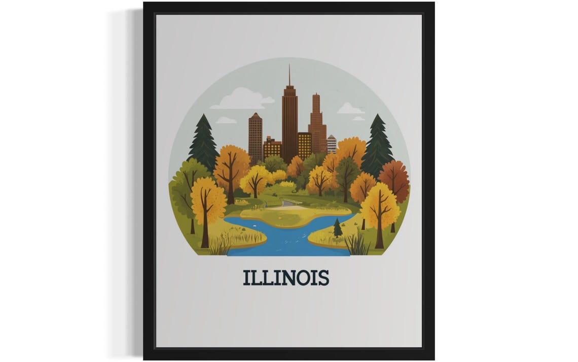 Illinois Chicago Towers Over Autumn Park River Circle Poster