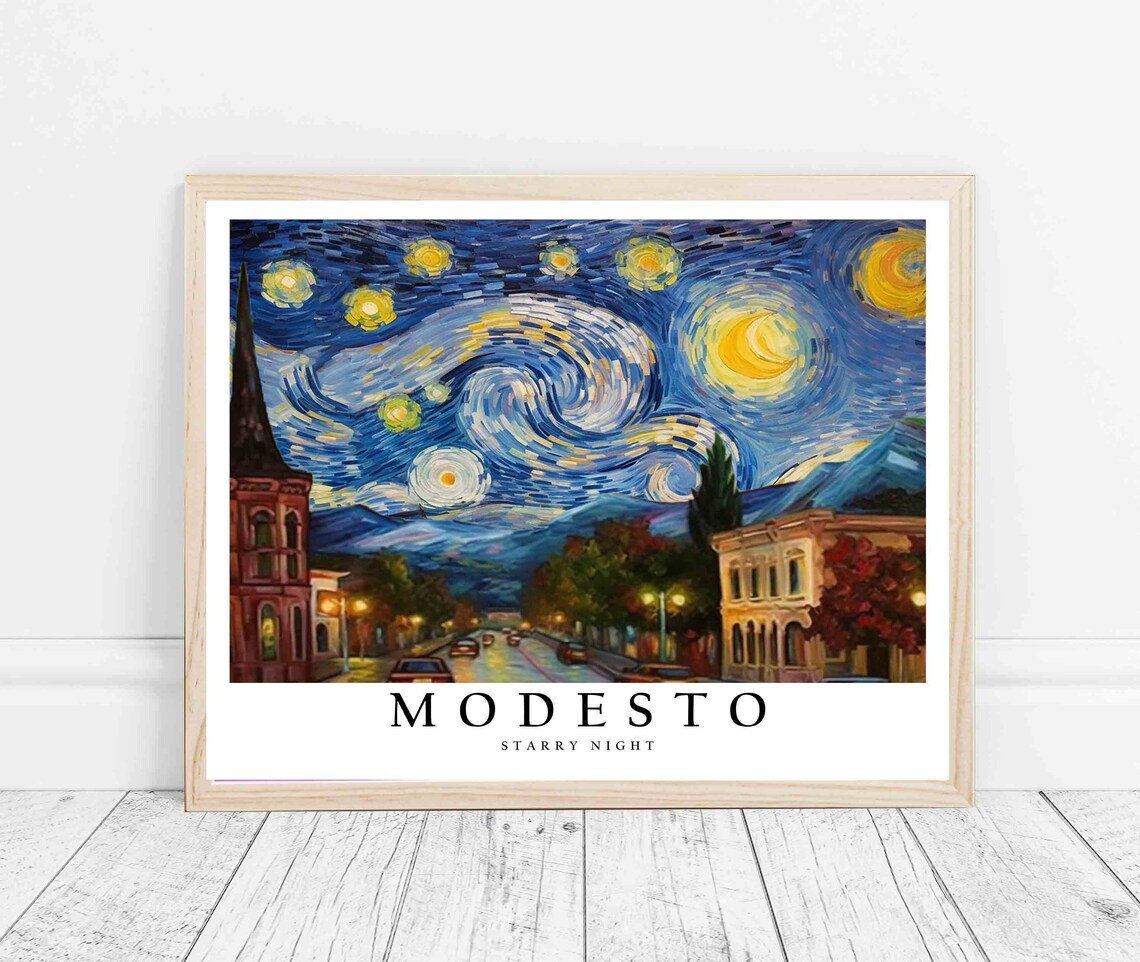 Modesto Starry Night Main Street Church Tower Warm Glow Poster - Image 3