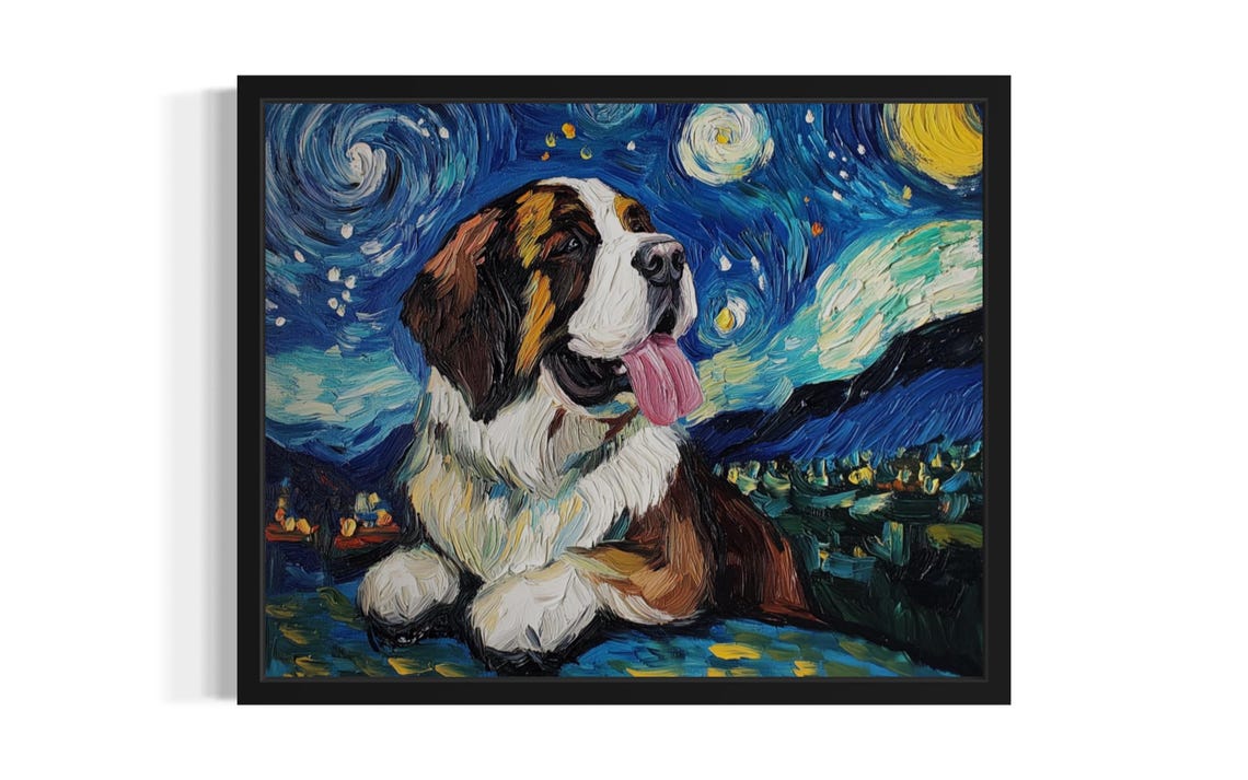 Saint Bernard Dog Starry Night Van Gogh Style Poster Home Decor Gift