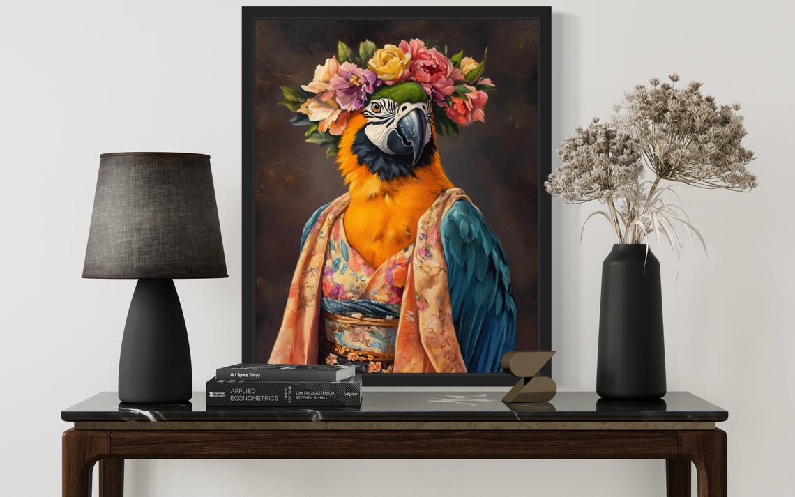 Macaw Parrot Wearing Flower Crown and Kimono Fine Art Decor Poster - Image 2