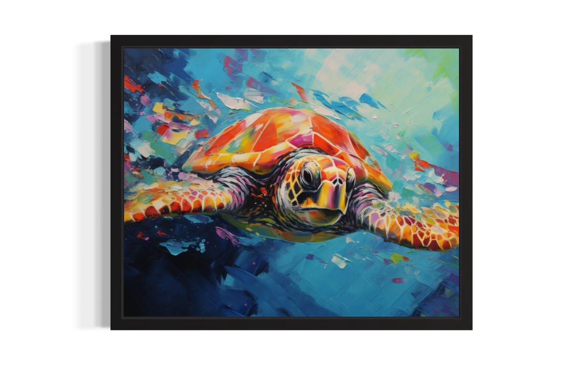 Colorful Sea Turtle Swimming in Deep Blue Ocean Painting Poster
