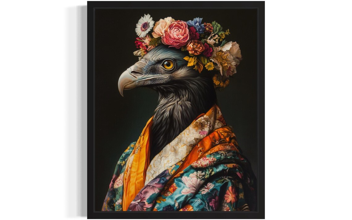 Vulture Wearing Flower Crown and Floral Kimono Fine Art Decor Poster