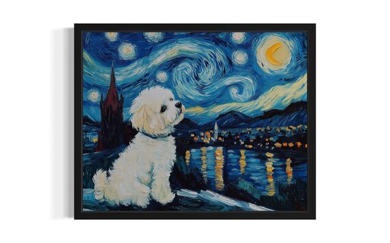 Bichon Frise Dog Starry Night Art Print Wall Poster Original Paint Artwork Decor