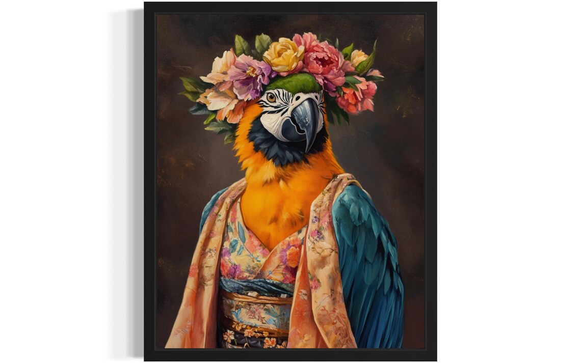 Macaw Parrot Wearing Flower Crown and Kimono Fine Art Decor Poster