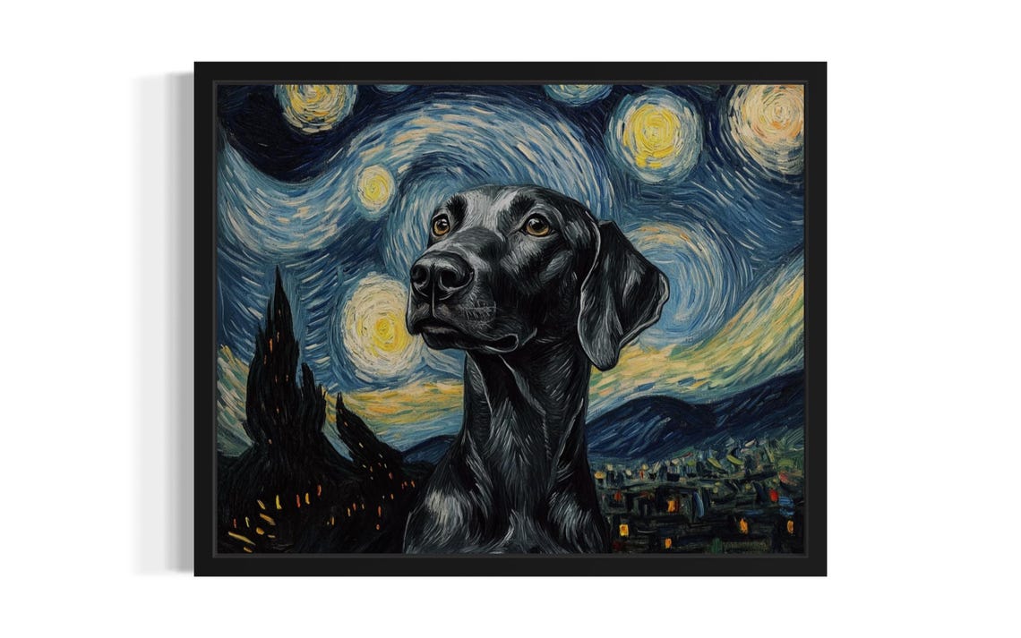 Black Dog Portrait Against a Van Gogh Starry Night Sky Poster