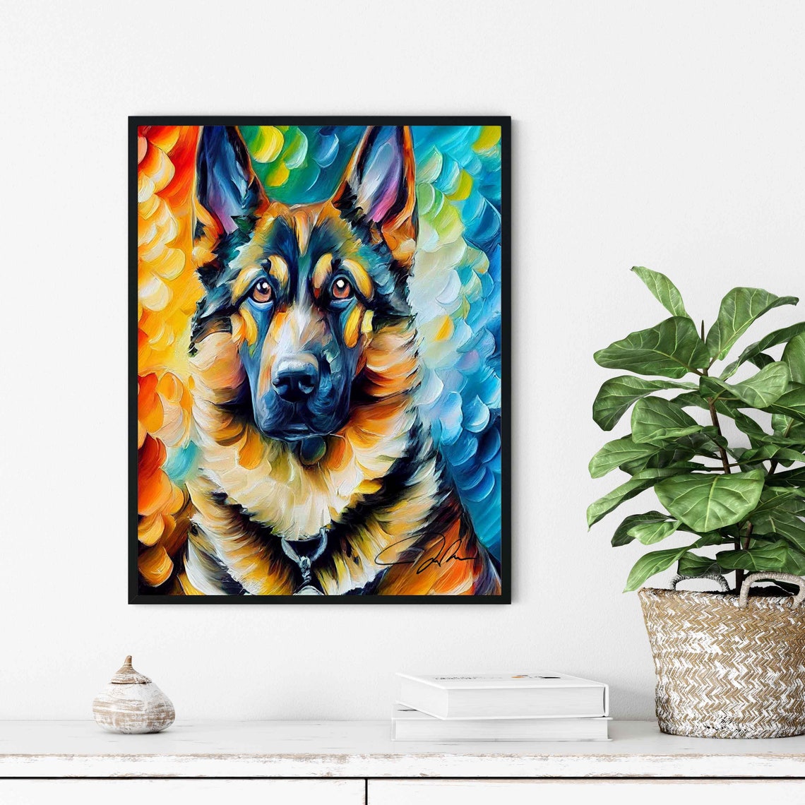 German Shepherd Dog Colorful Abstract Oil Portrait Art Poster - Image 3