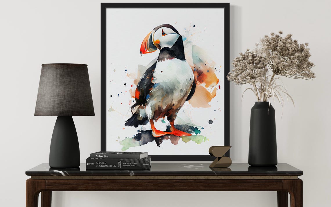 Atlantic Puffin with Splashes of Color Watercolor Bird Art Poster - Image 2