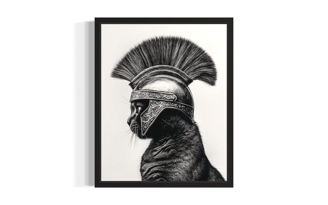 Spartan Cat Warrior Helmet Black and White Funny Pet Portrait Poster