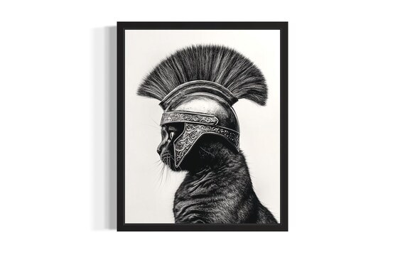 Spartan Cat Warrior Helmet Black and White Funny Pet Portrait Poster