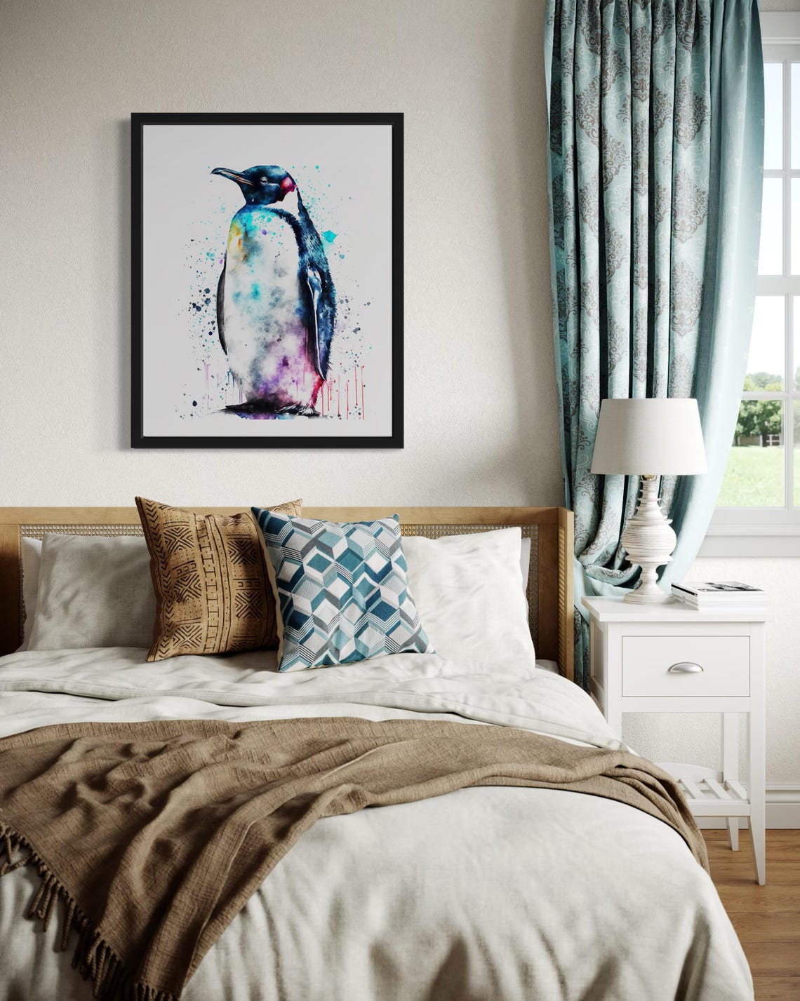 Penguin with Vibrant Teal and Pink Splashes Watercolor Art Poster - Image 4