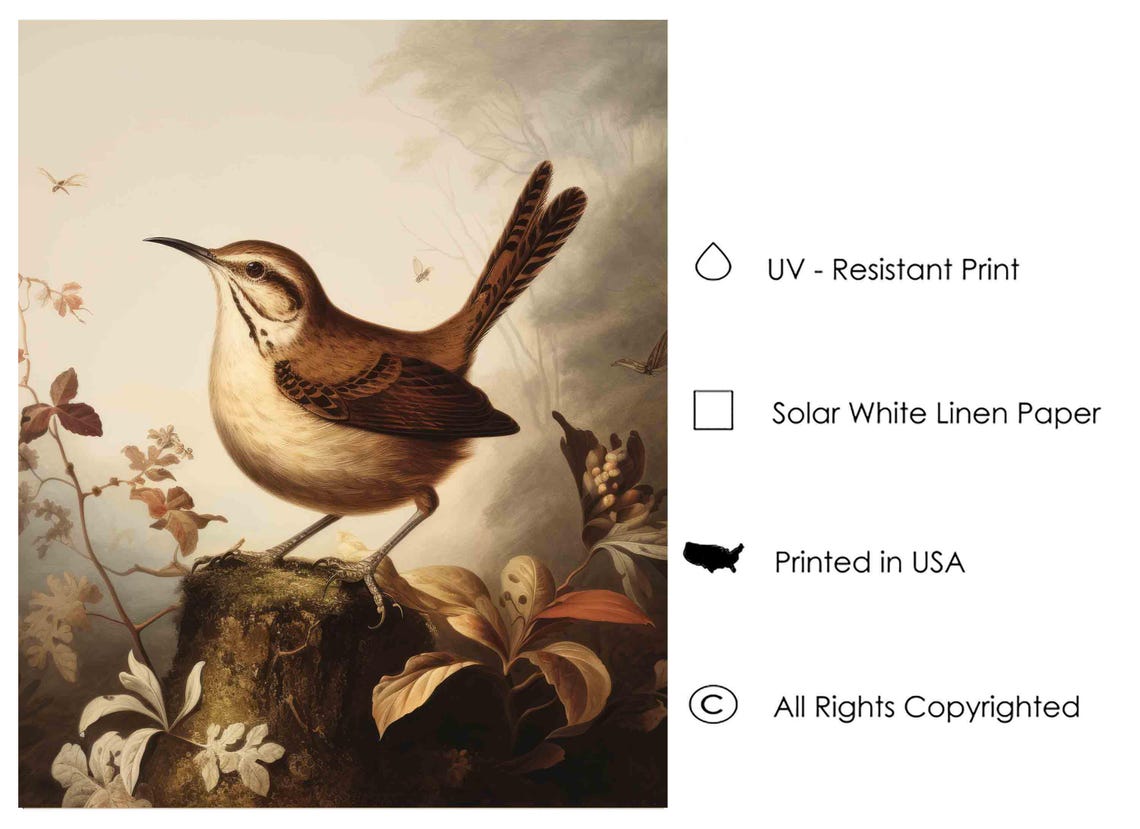 Wren Perched on a Mossy Stump in a Misty Forest Vintage Bird Poster - Image 3