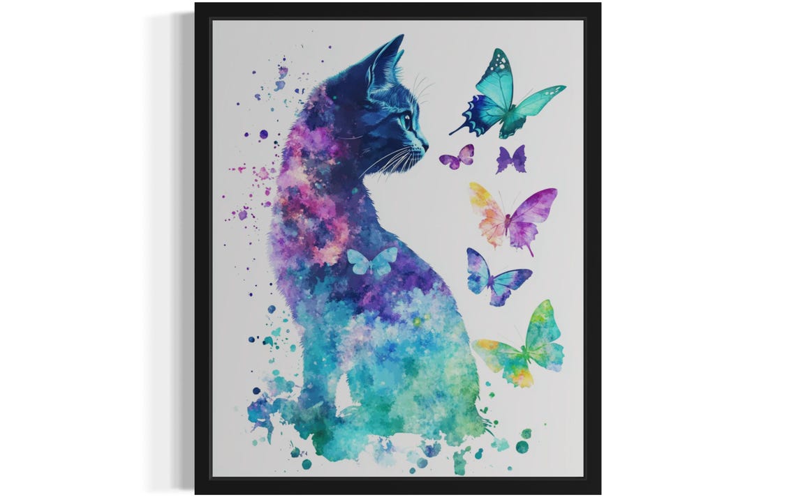 Galaxy Watercolor Cat Silhouette Surrounded by Butterflies Poster
