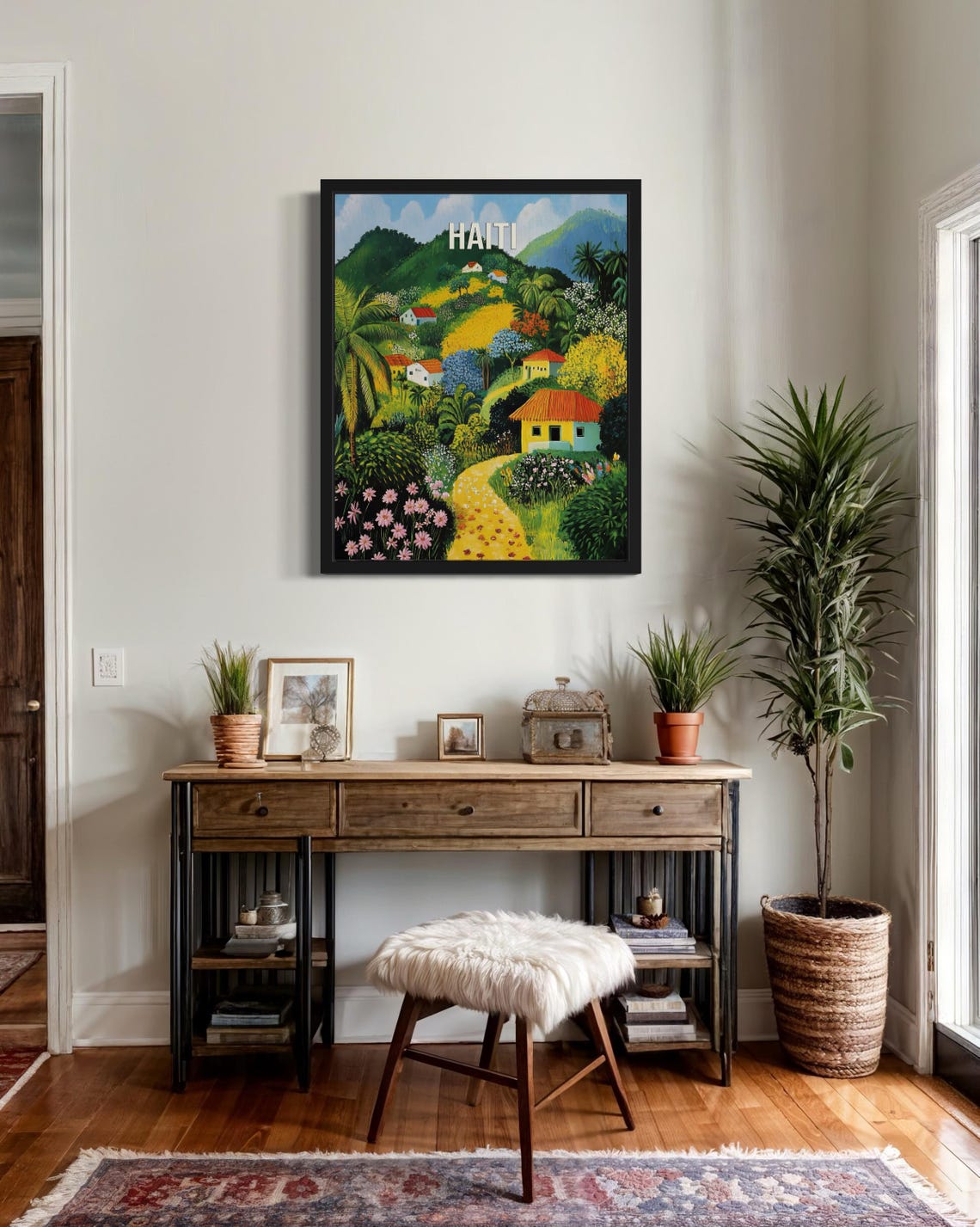 Haiti Lush Tropical Palm Valley Colorful Naive Folk Art Poster - Image 3