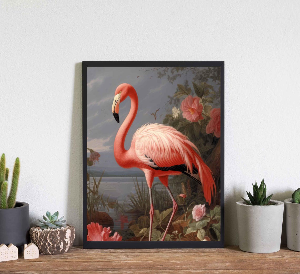 Flamingo Wading by a Flower Fringed Lake Vintage Bird Poster