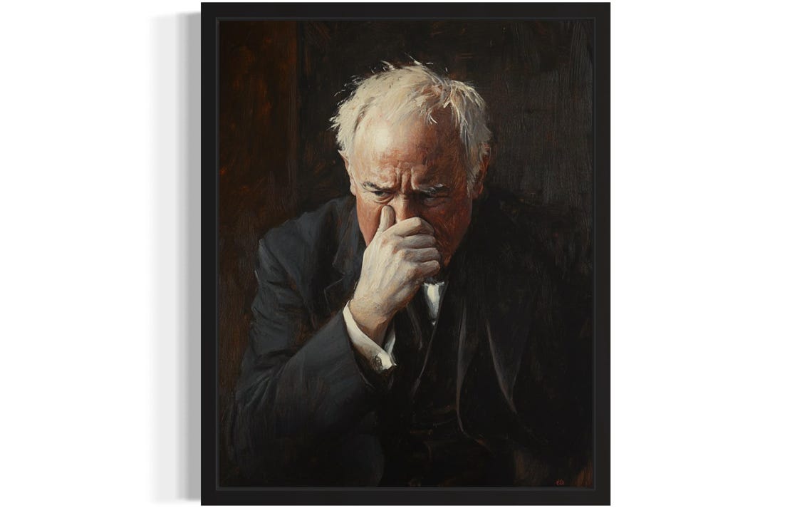 White Haired Old Man in Suit Holding His Nose Oil Painting Poster