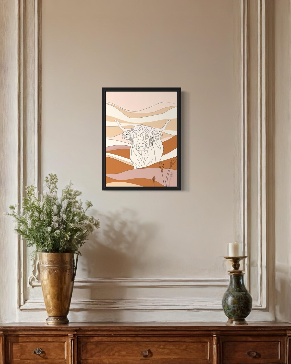 Highland Cow Shaggy Line Art Wavy Terracotta Landscape Art Poster - Image 2