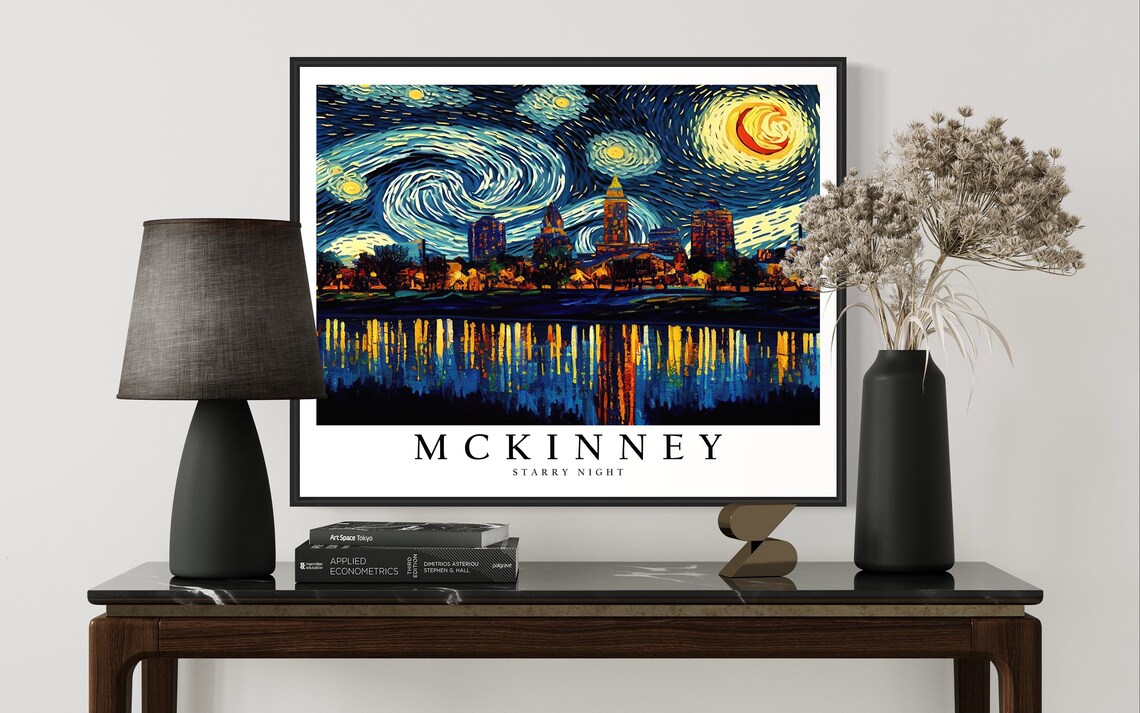 McKinney Texas Starry Night Skyline Lake Water Reflection Night Art Poster - Image 2