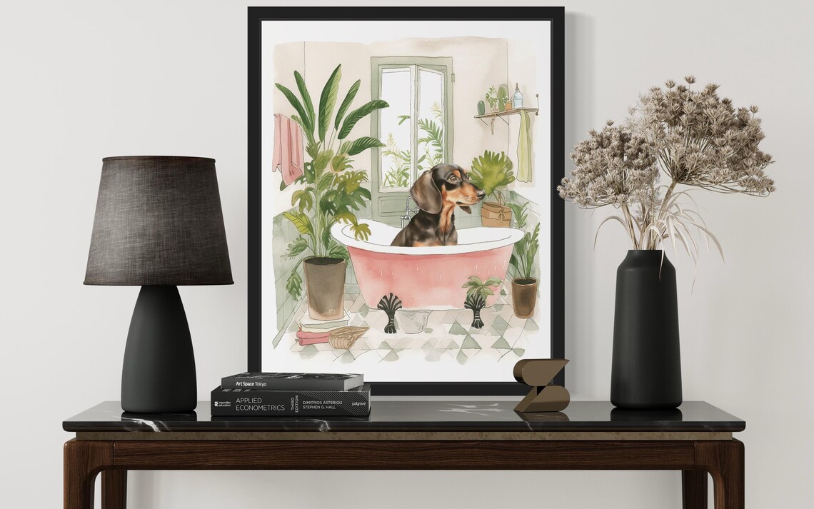 Dachshund Bath Time In Pink Tub Botanical Bathroom Art Poster - Image 3