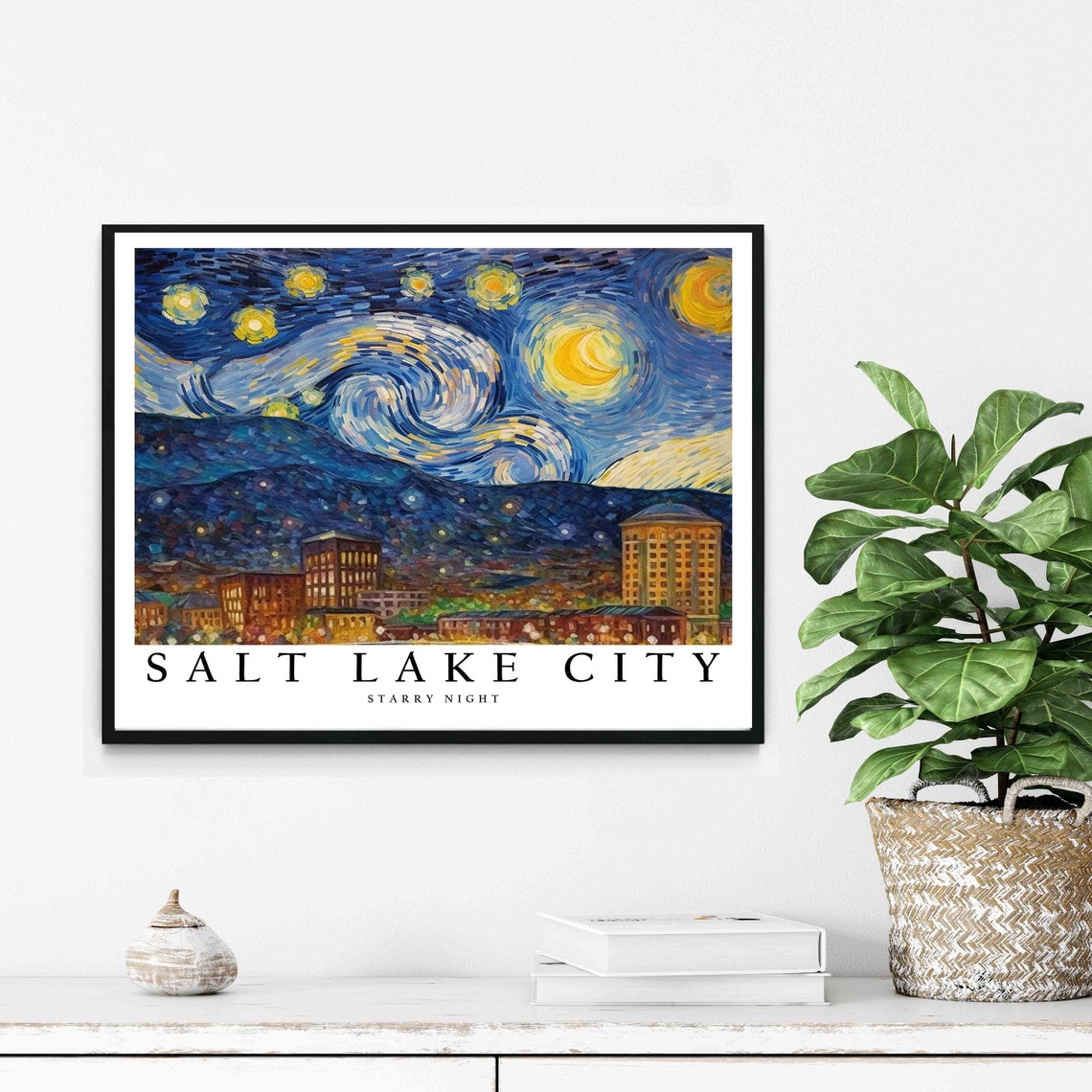 Salt Lake City Starry Night Van Gogh Style Downtown Art Poster - Image 2