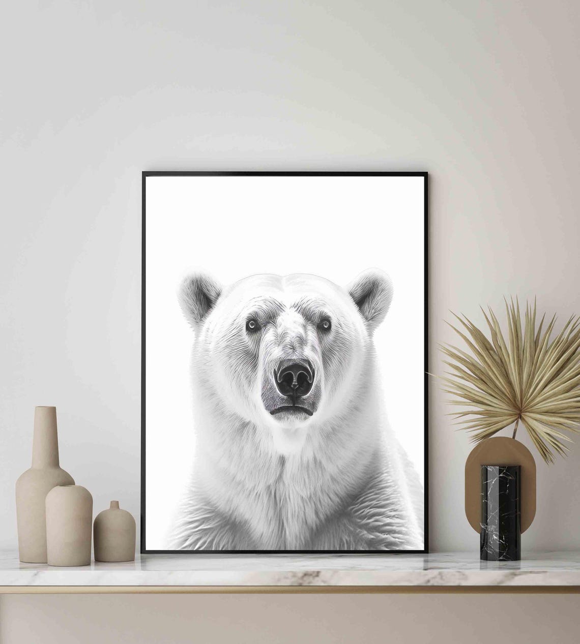 Striking Polar Bear Face Portrait in Black and White Art Poster - Image 2