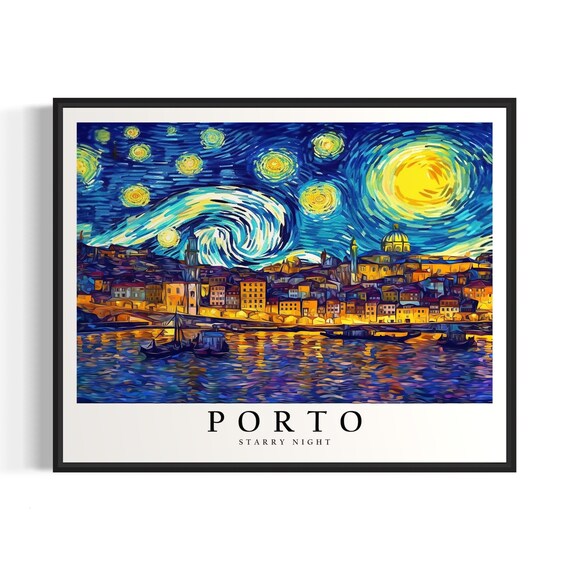 Porto Portugal Starry Night Glowing Riverside Cityscape Poster
