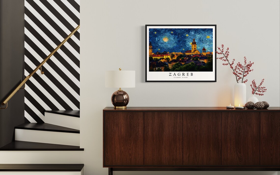 Zagreb Starry Night Old Town Towers Croatia Moonlit Art Poster - Image 4