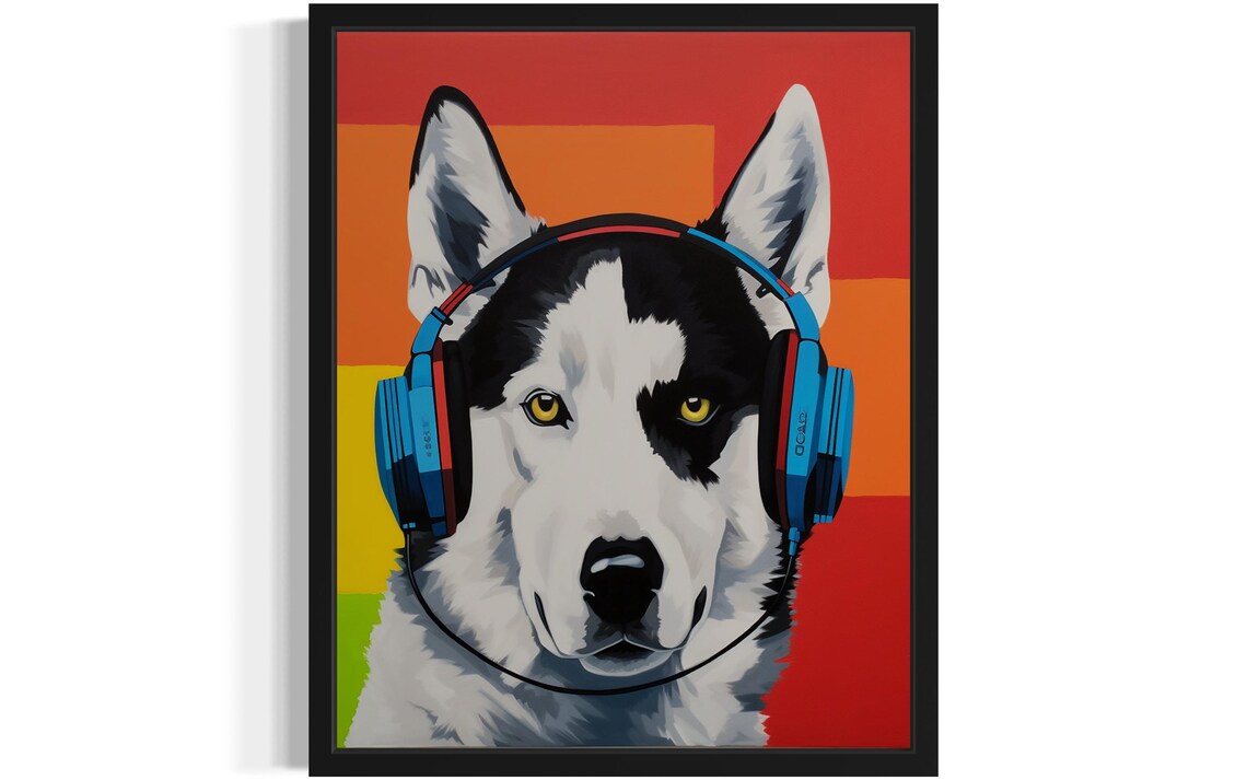Siberian Husky Wearing Blue Headphones Rainbow Pop Art Poster