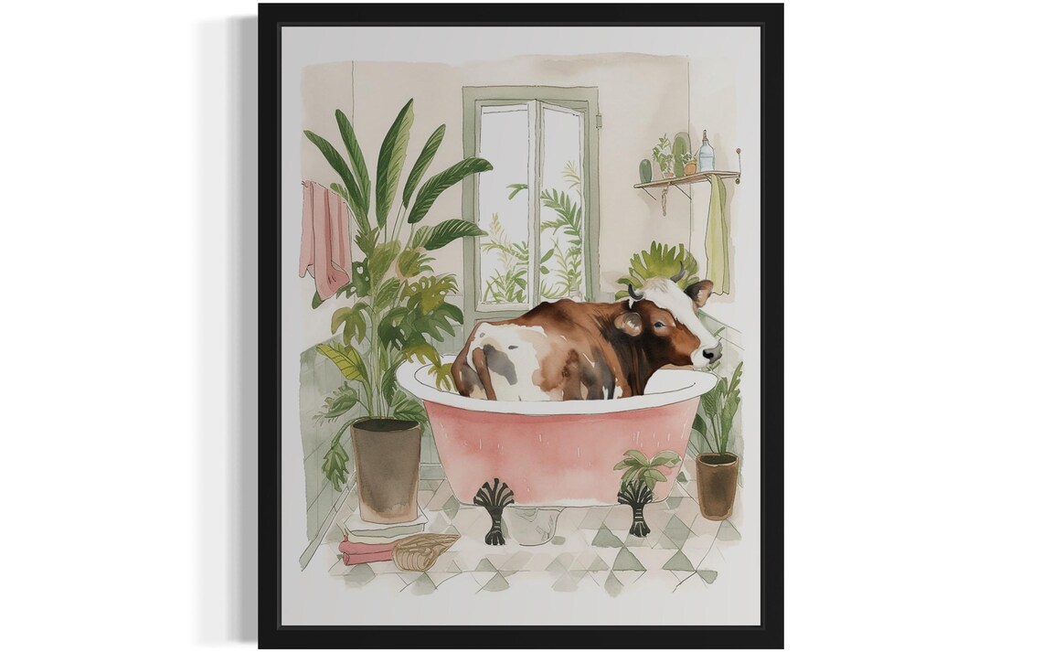 Brown Cow Resting in a Pink Clawfoot Tub Watercolor Bathroom Poster