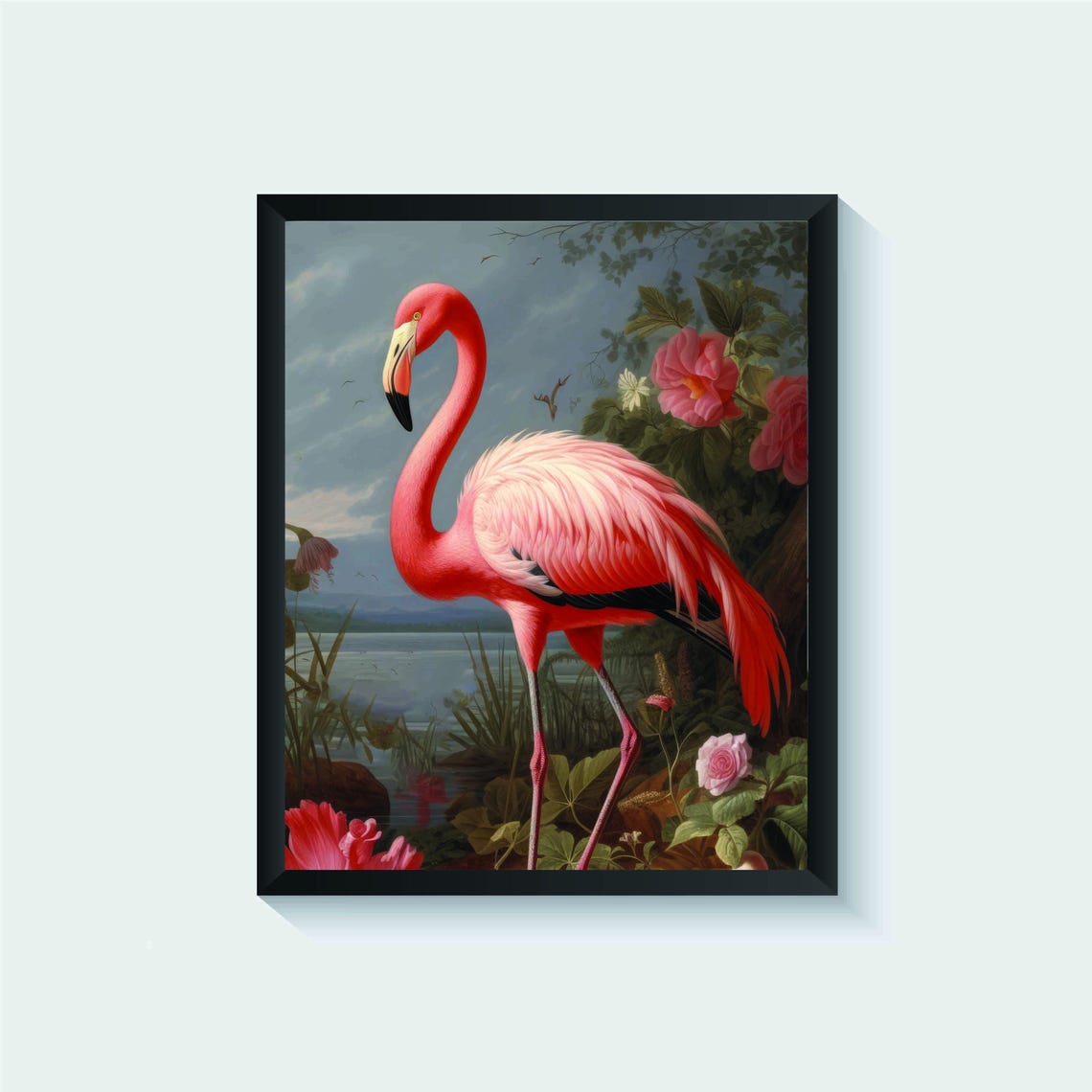 Flamingo Wading by a Flower Fringed Lake Vintage Bird Poster - Image 2