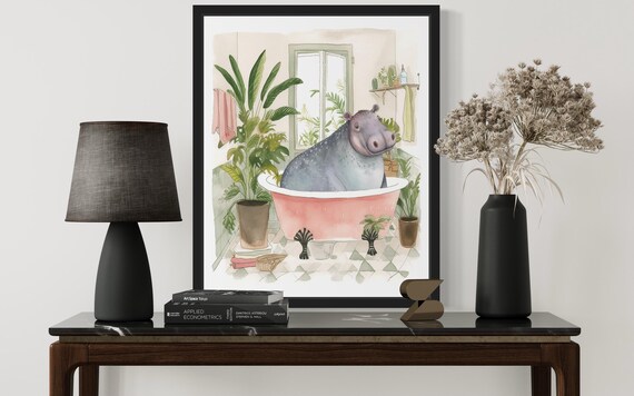 Baby Hippo Resting in a Pink Bathtub Watercolor Bathroom Poster