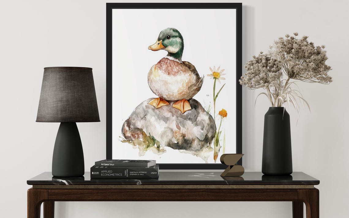 Mallard Drake on a Rock Beside a Daisy Watercolor Bird Poster - Image 2