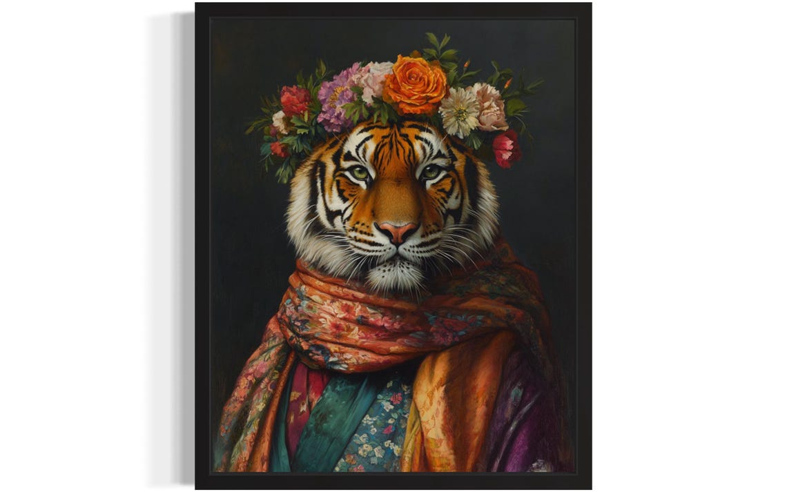 Siberian Tiger in Flower Crown and Embroidered Scarf Portrait Poster