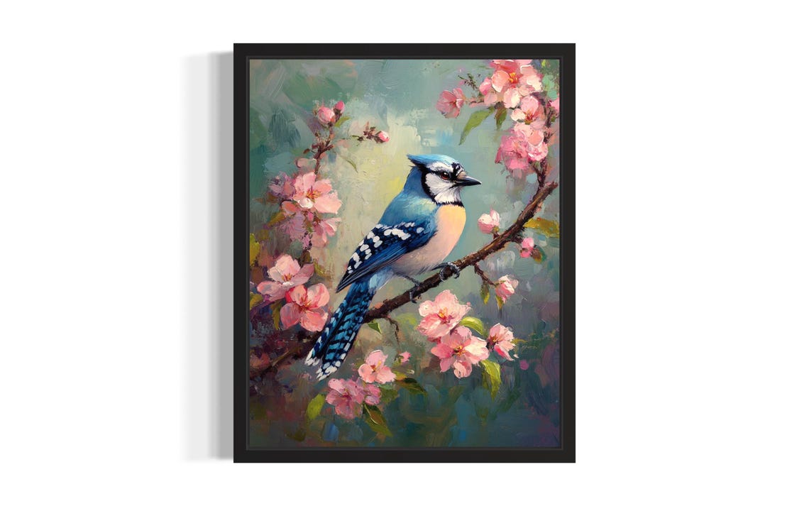 Blue Jay on Cherry Blossom Branch Pastel Spring Bird Painting Poster