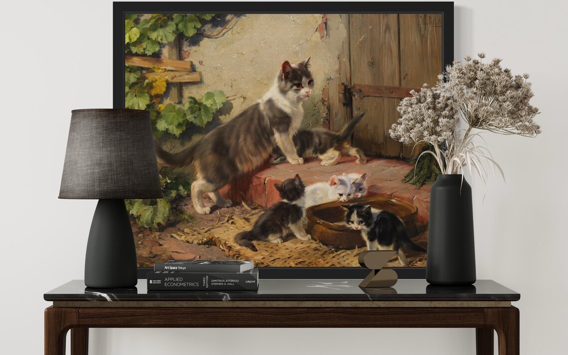 Mother Cat And Kittens By Rustic Wooden Door Vintage Painting Poster