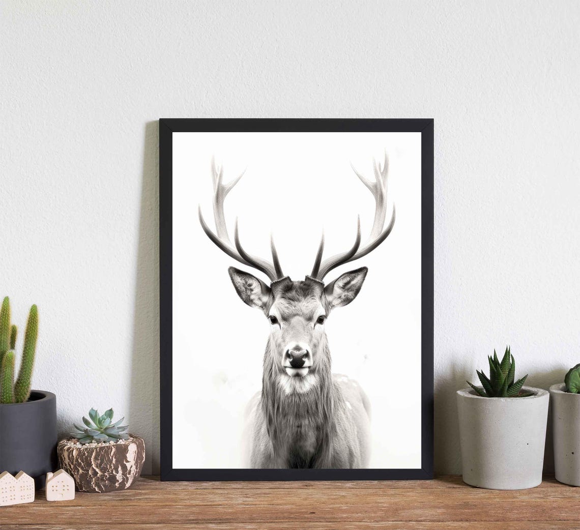 Stag Black and White Antlered Deer Front Portrait Minimalist Poster - Image 4